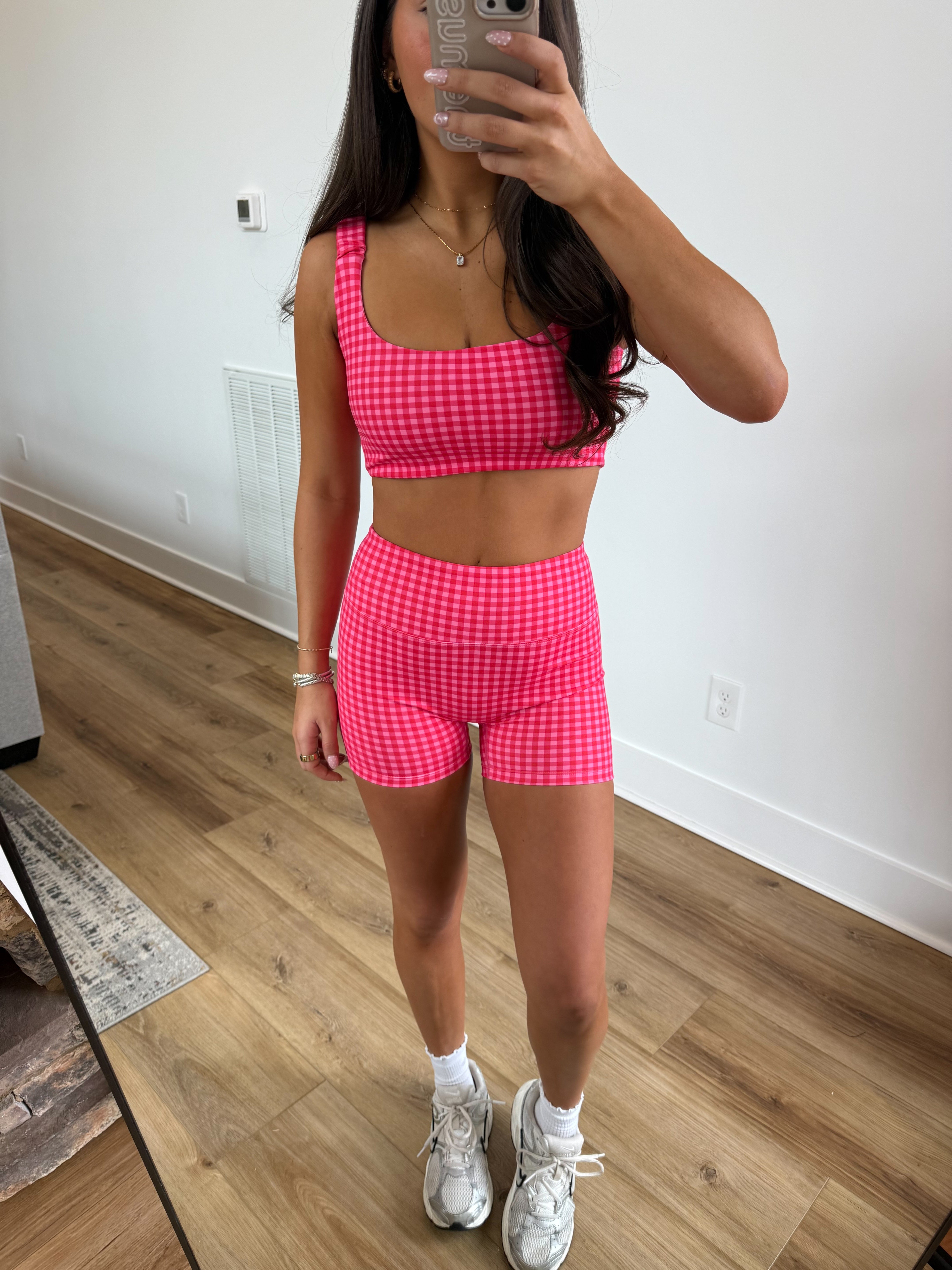 Gingham Biker Biker Shorts SET (Hot Pink)