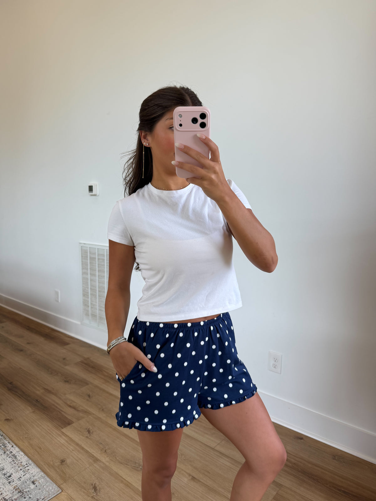 Navy Polka Dot Ruffle Shorts