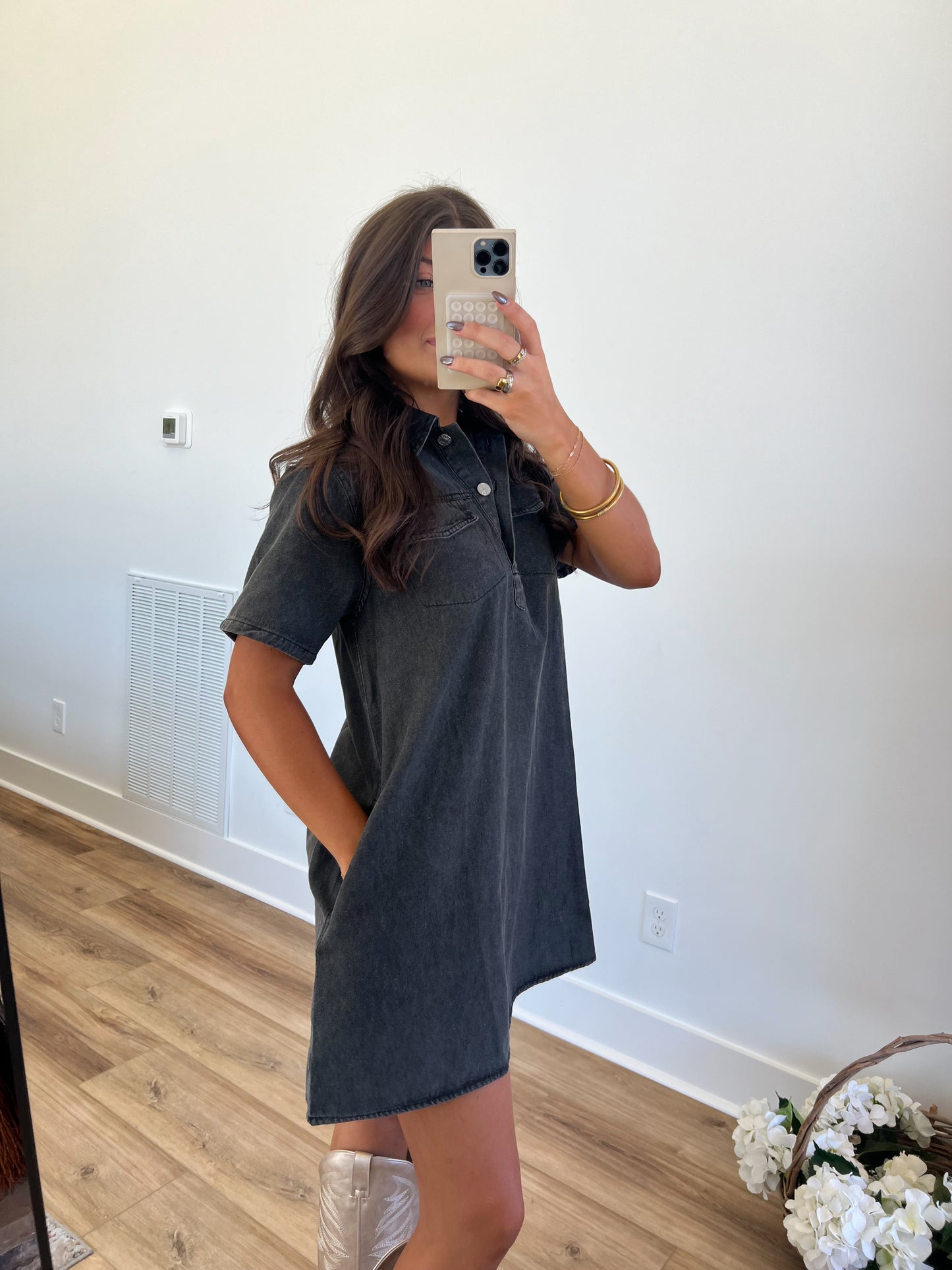 Black Double Pocket Denim Dress