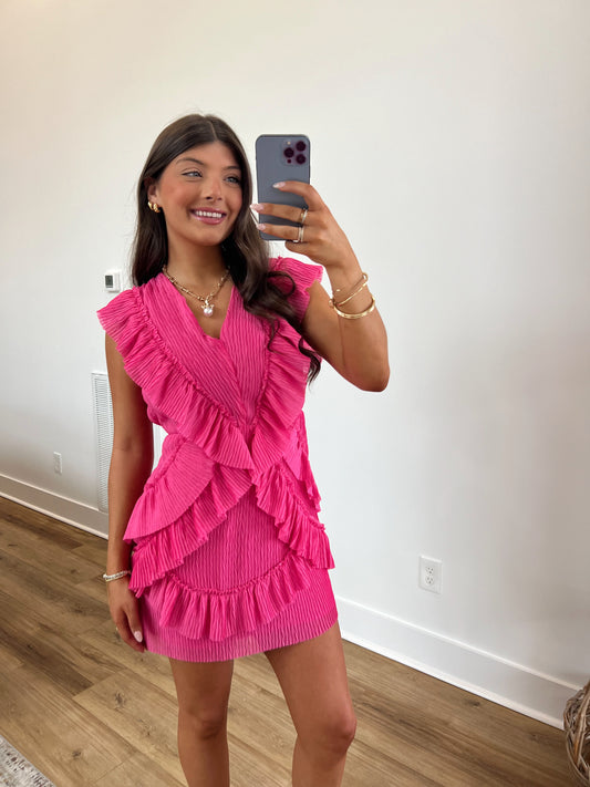 Hot Pink Ruffle Back Cut-Out Mini Dress