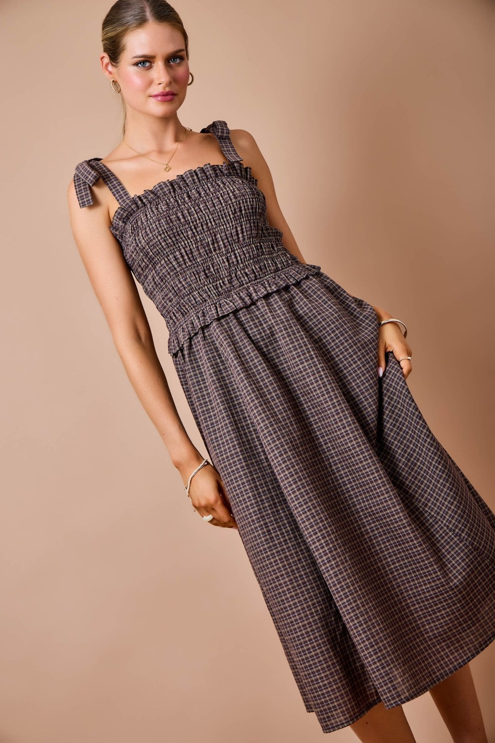 Gingham Smocked Midi Dress