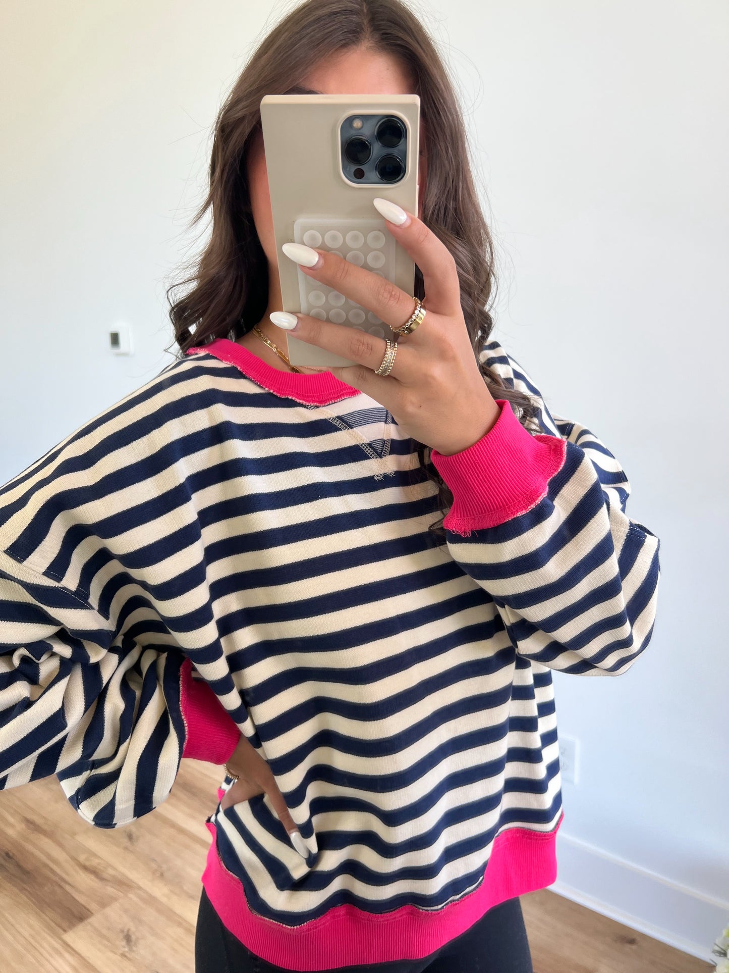 Stripe Colorblock Crewneck (Navy/Hot Pink)