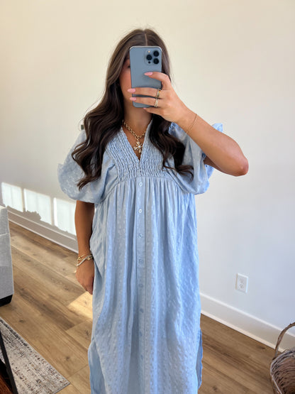 Baby Blue Puff Sleeve Midi Dress