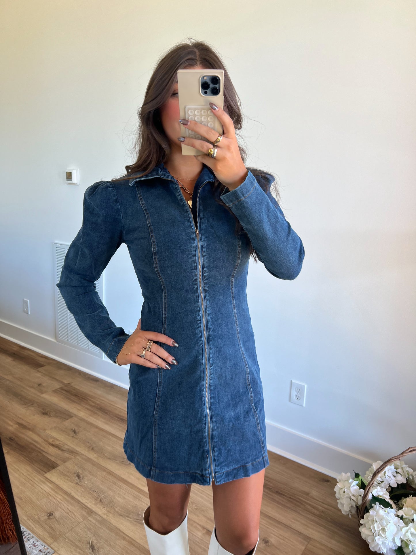 Denim Puff Shoulder Dress