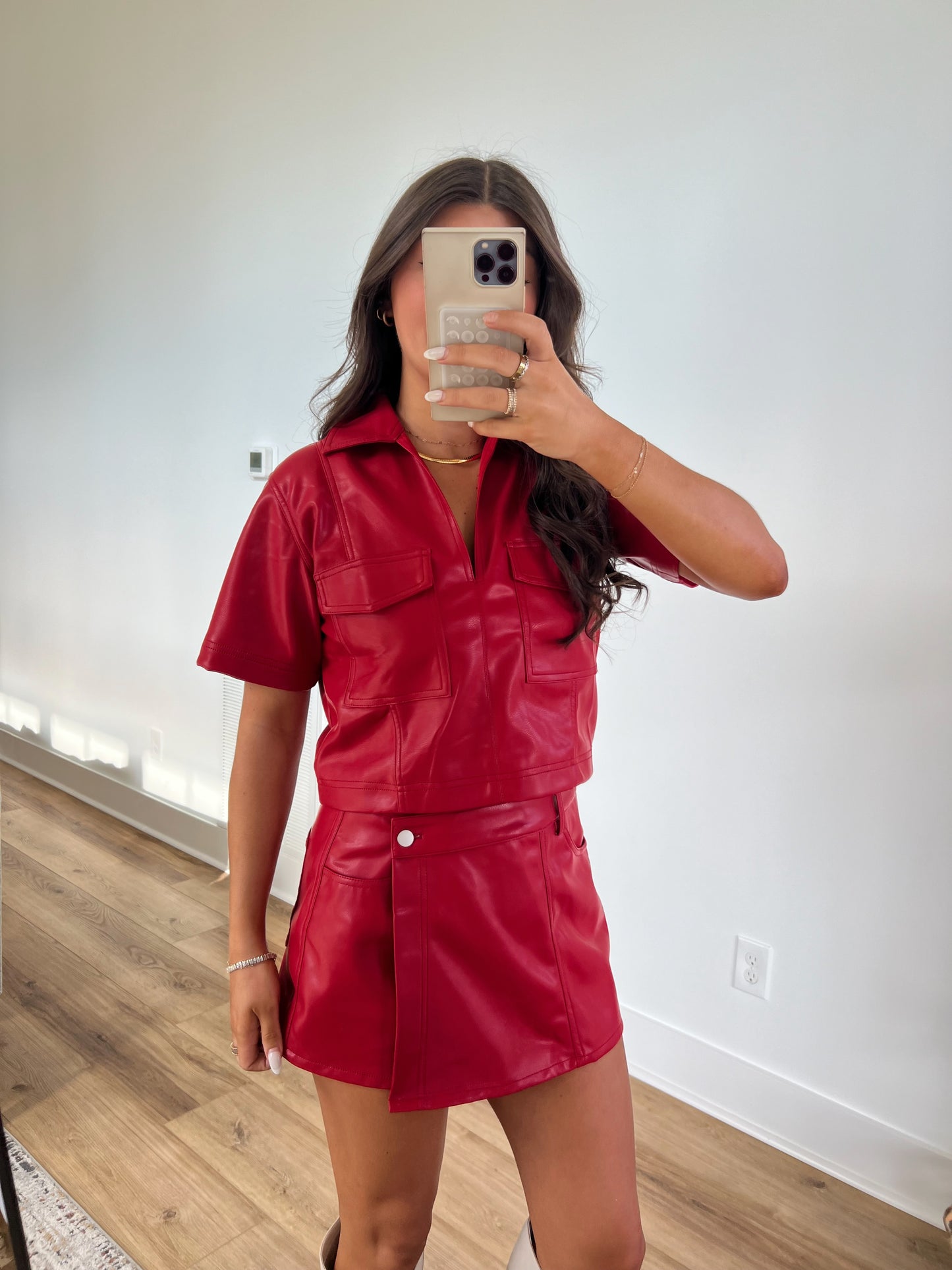 Red Leather Asymmetrical Skort Set