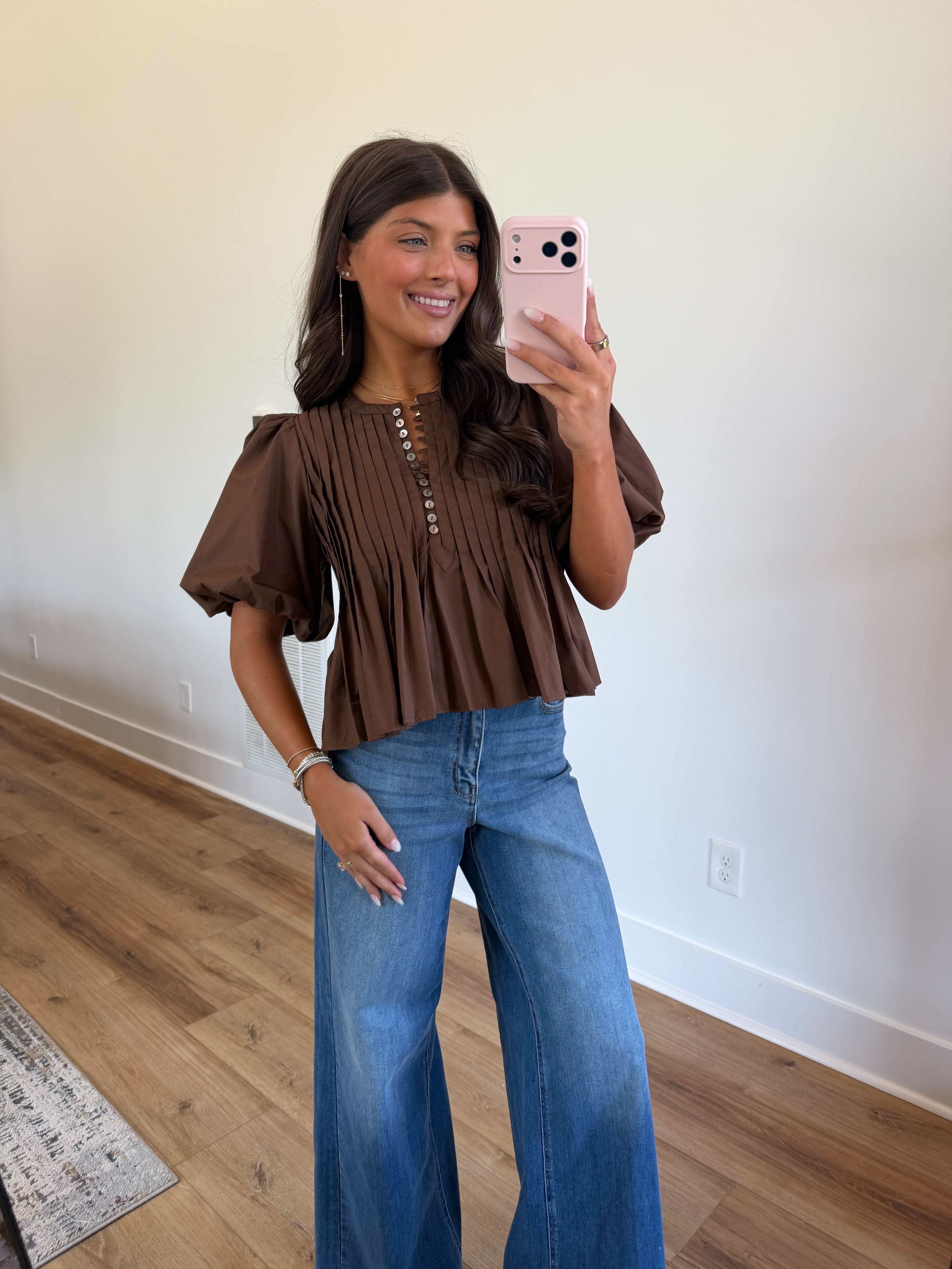 Brown Pleated Puff Sleeve Blouse (PRE-ORDER (1st week of October)/ Restock)