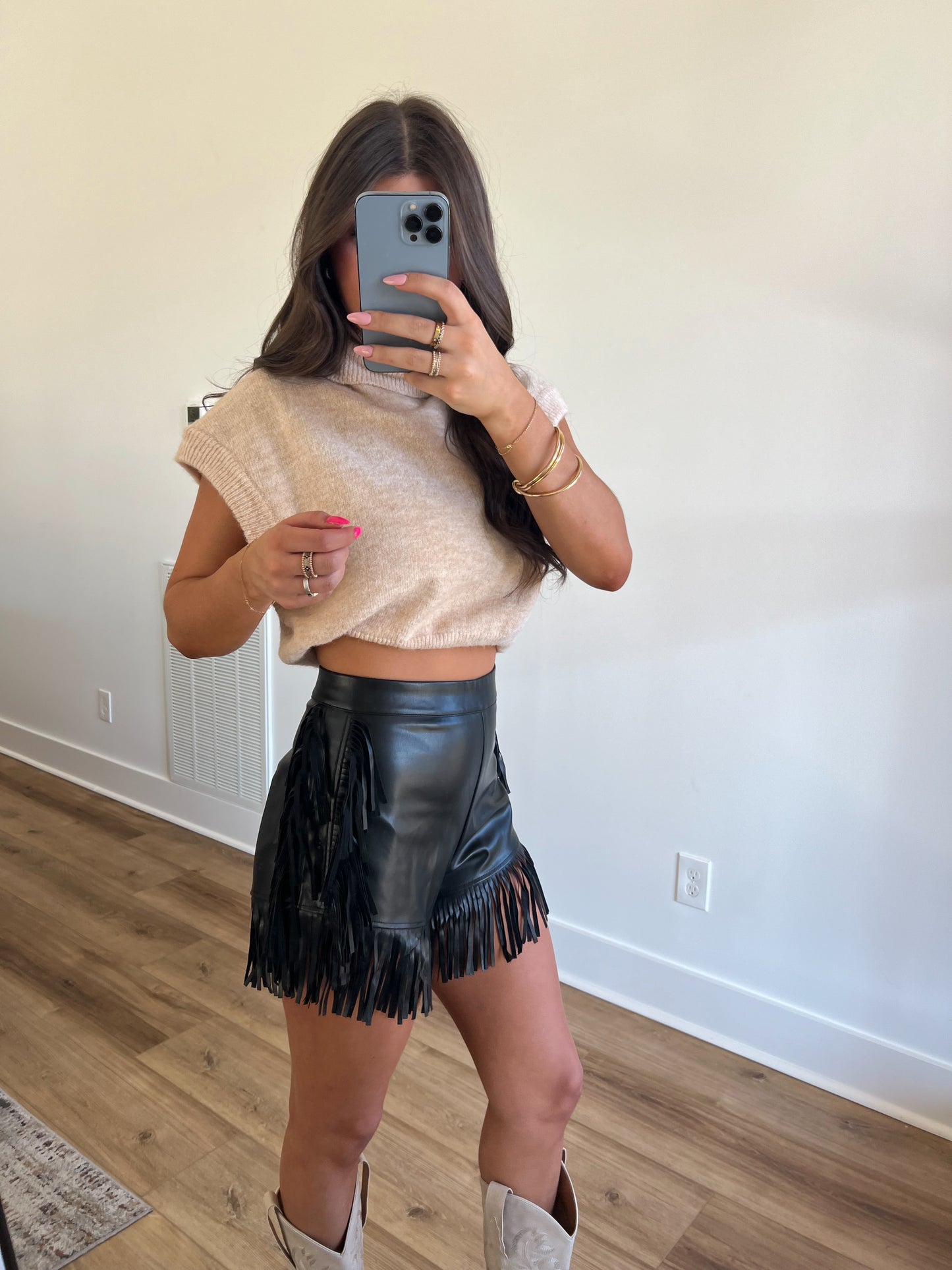 Black Leather Fringe Shorts