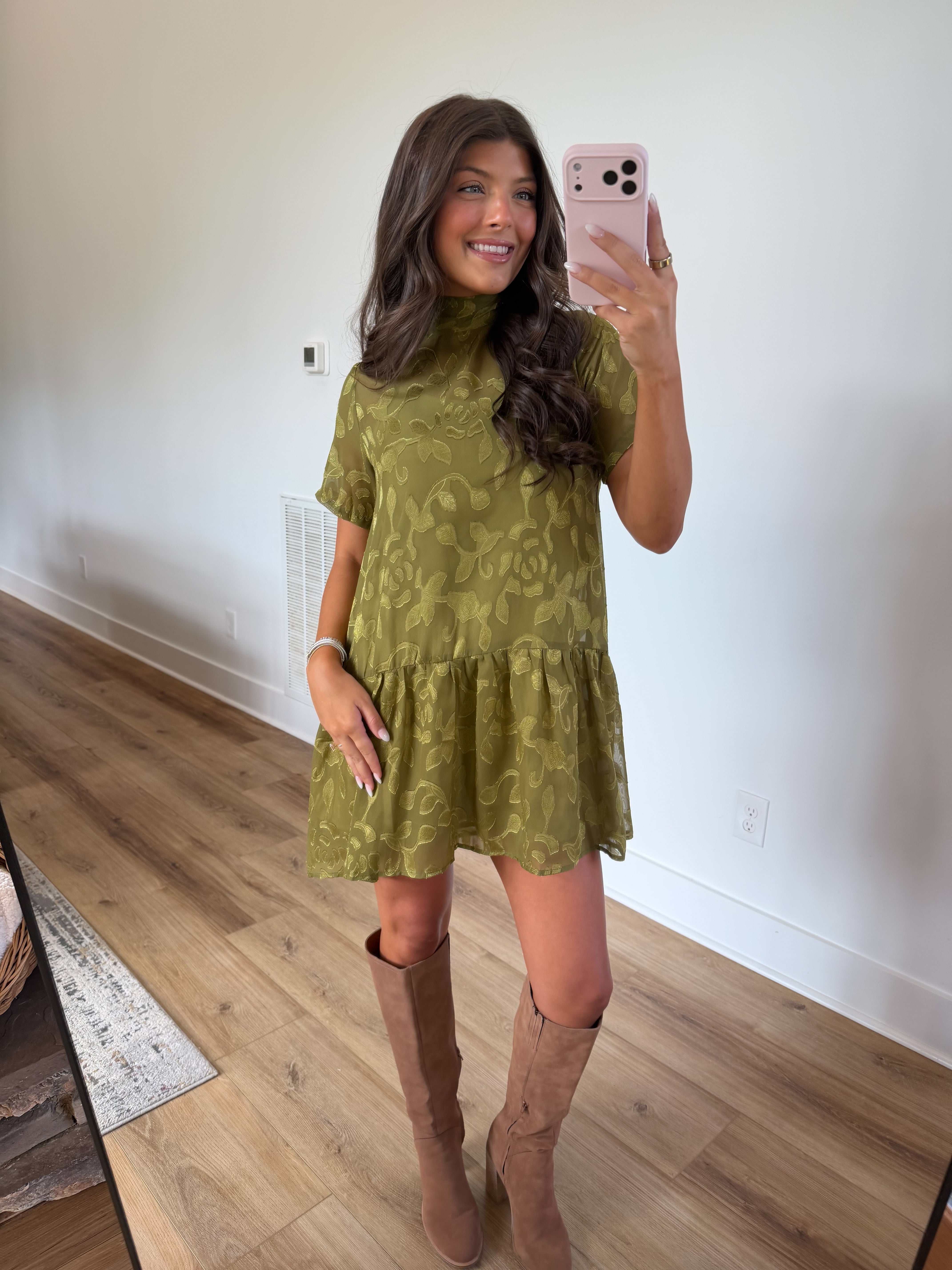 Olive Floral Jacquard Mini Dress