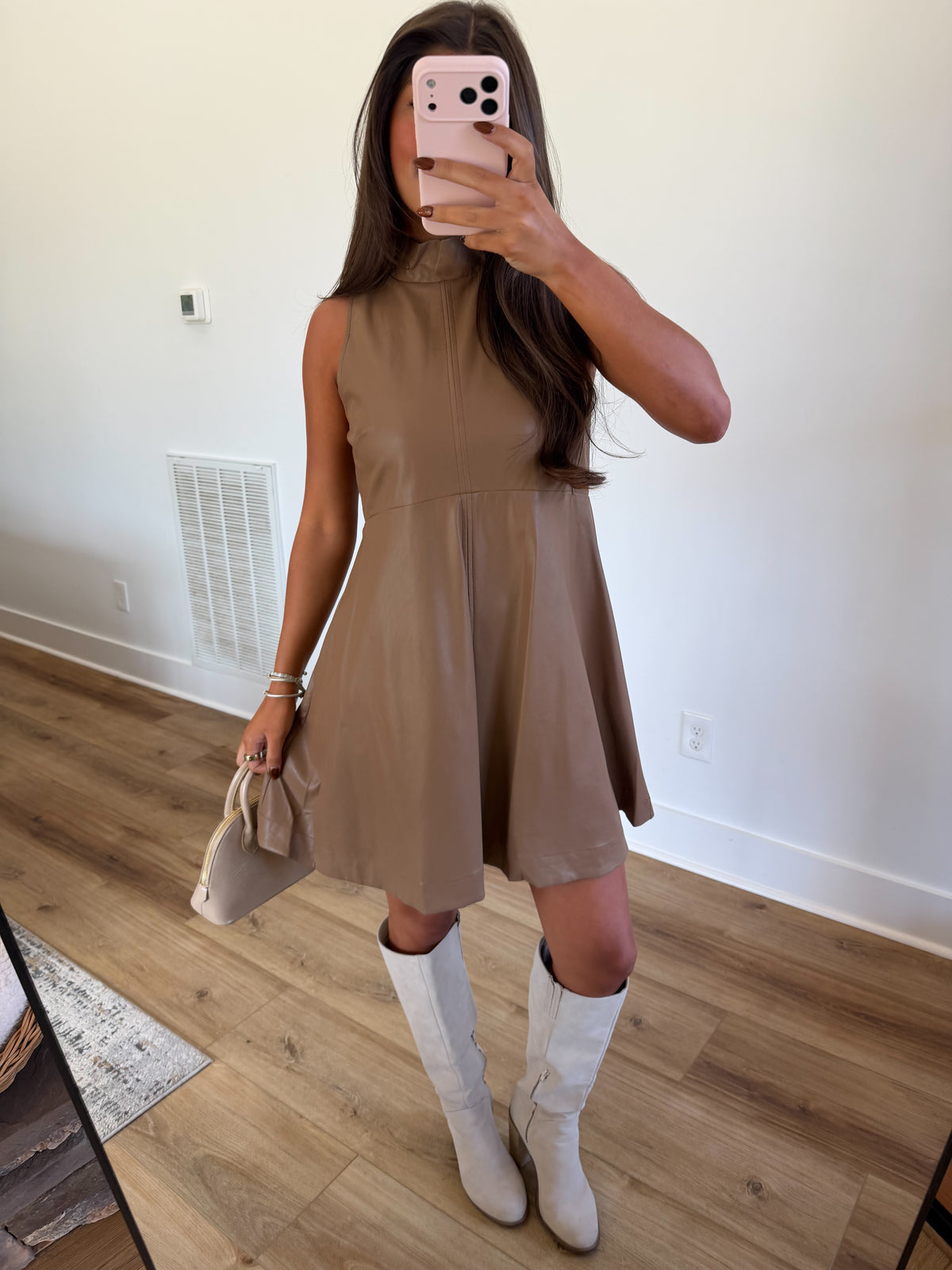Brown Leather Swing Mini Dress