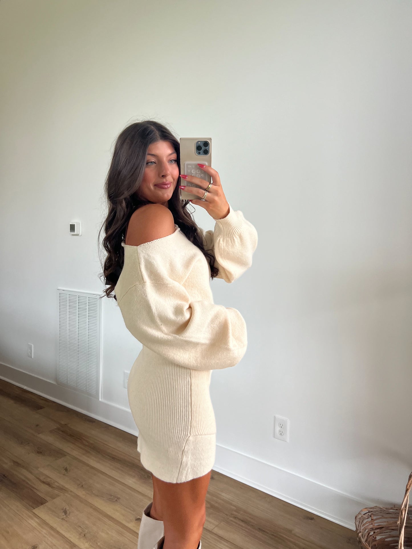 Cream Boat Neck Sweater Dress