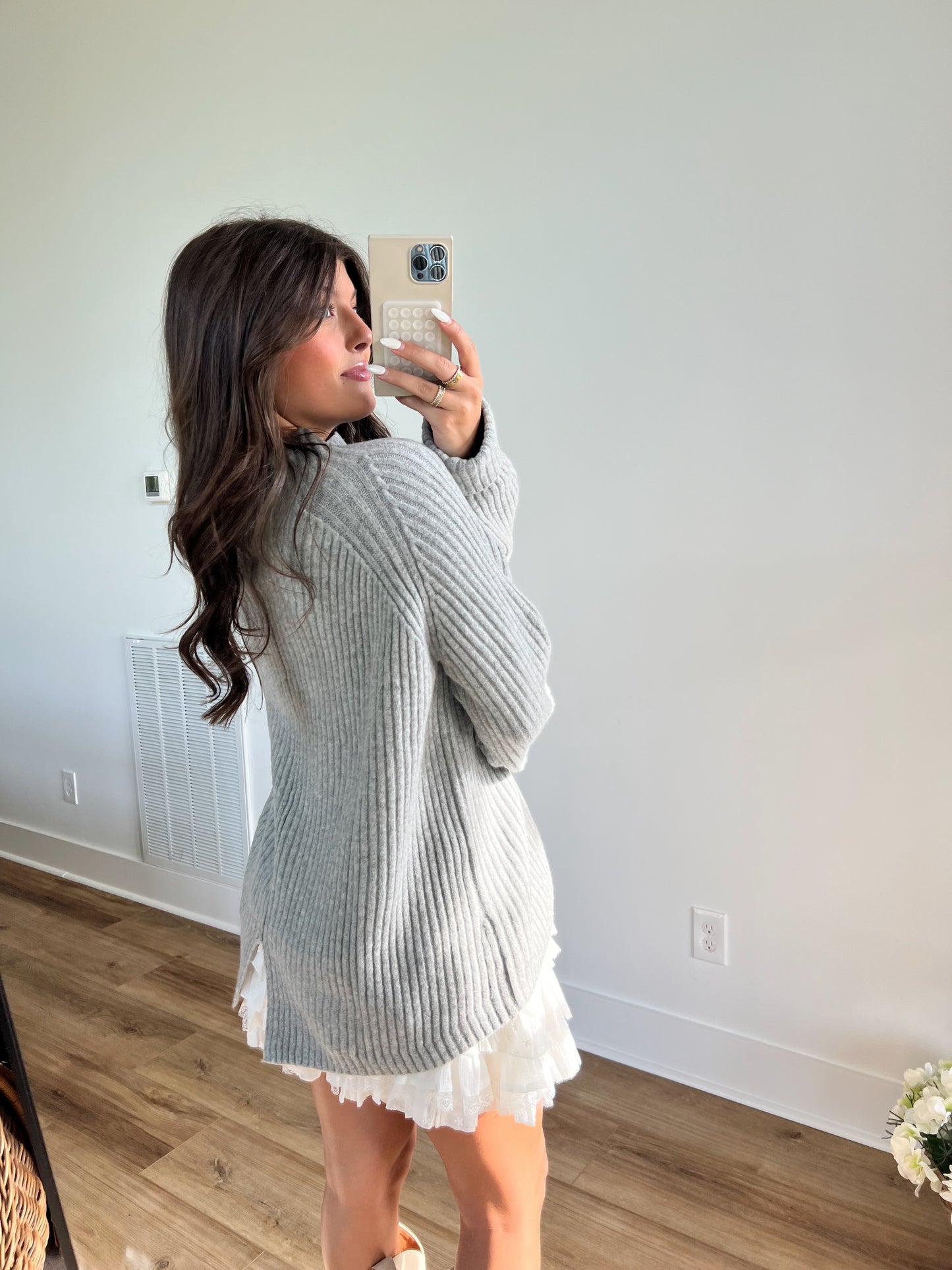 Grey Ribbed Mock Neck Sweater