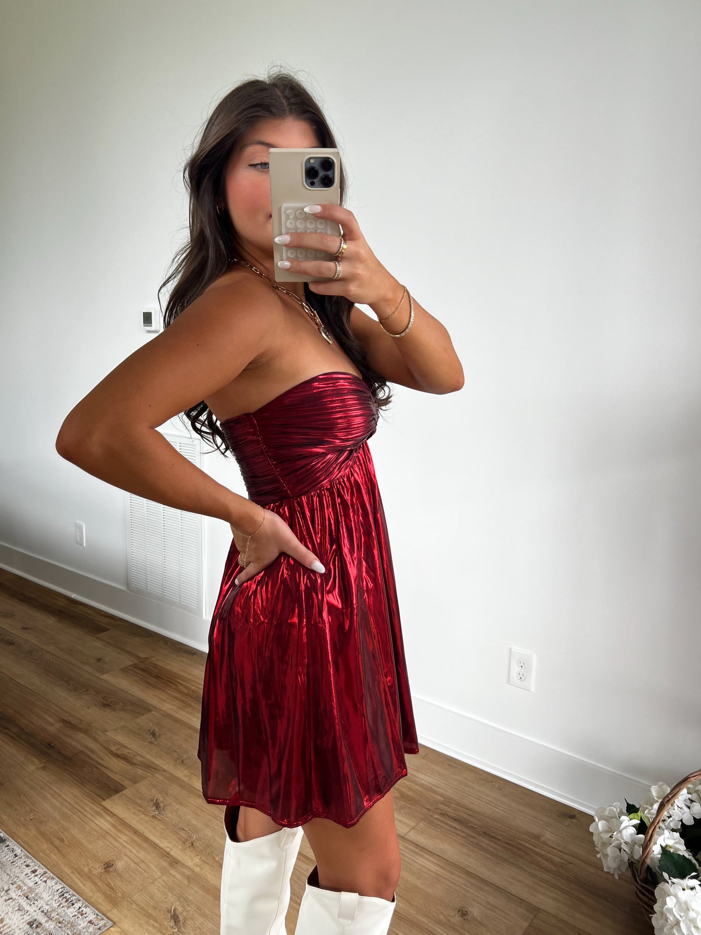 Red Metallic Strapless Holiday Dress