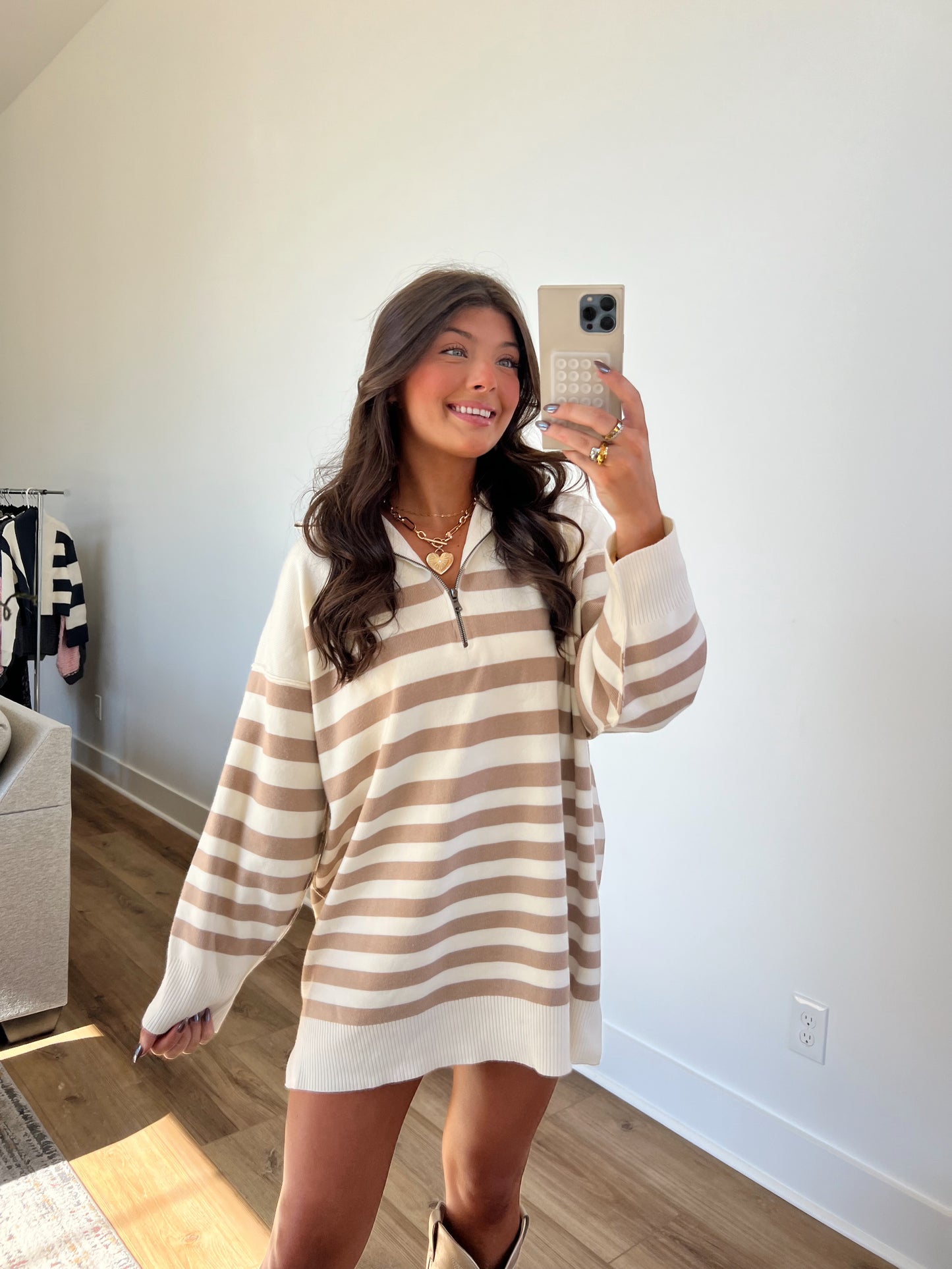 (Cream) Stripe Knit Sweater Dress