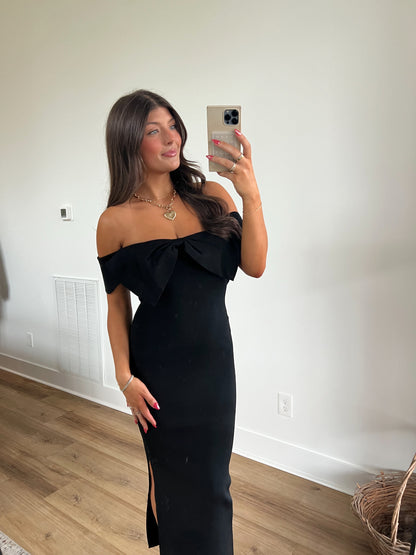 Black Bow Off The Shoulder Midi Dress