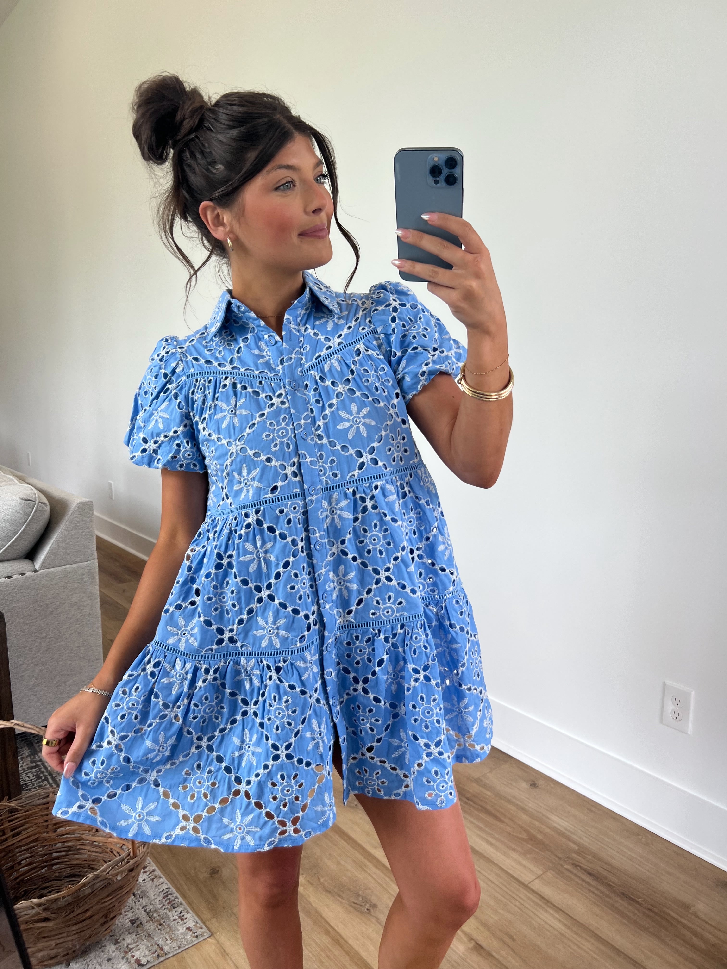 Blue Daisy Eyelet Mini Dress
