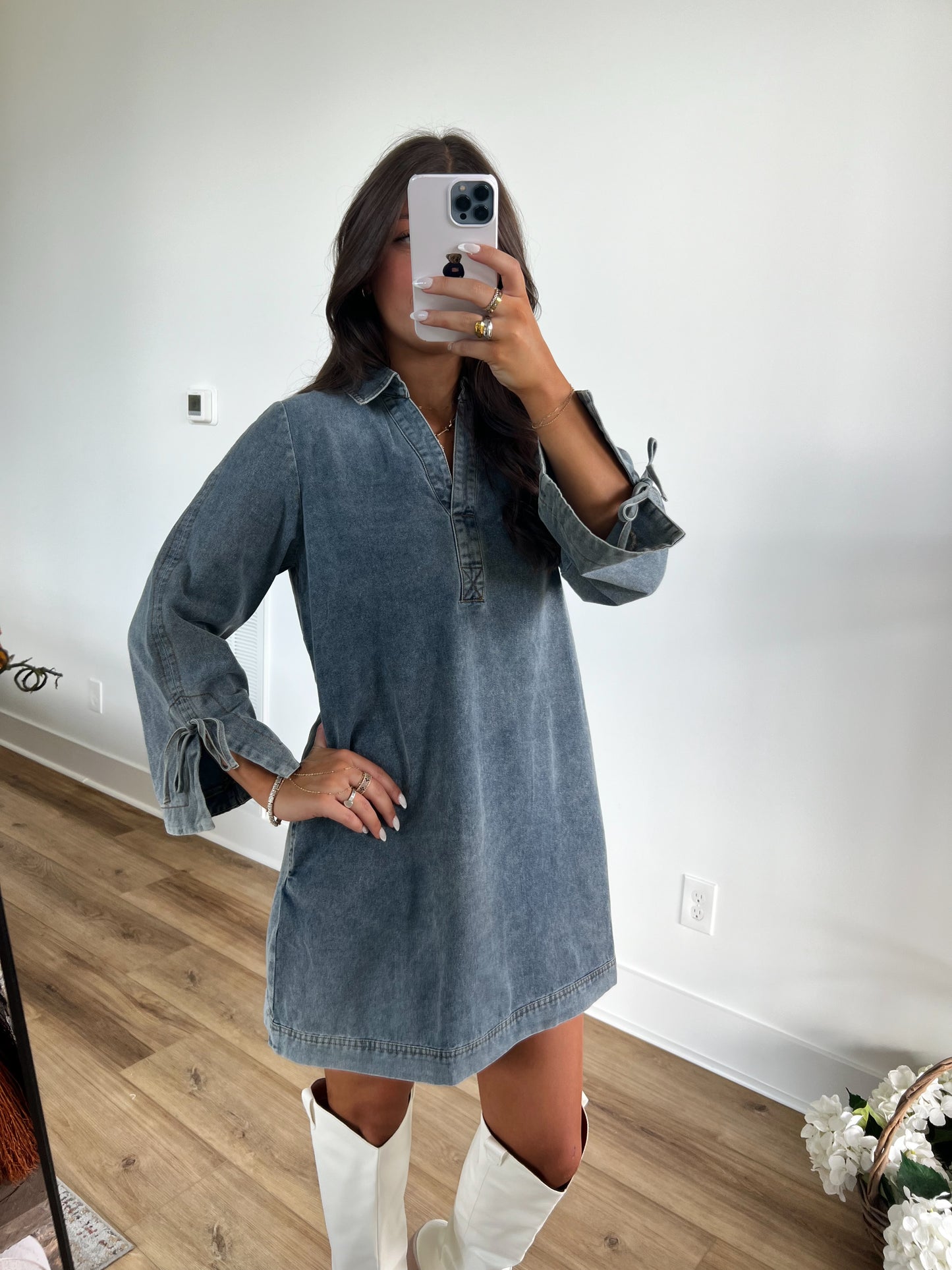 Denim Bow Sleeve Proper Dress (Restock)