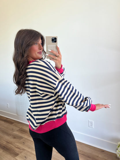 Stripe Colorblock Crewneck (Navy/Hot Pink)