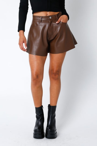 (Brown) Leather Flare Shorts (Restock)