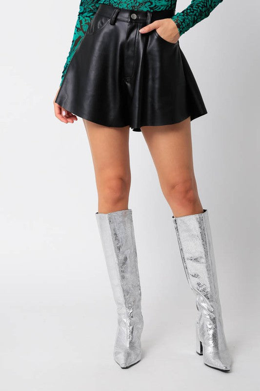 Black Leather Flare Shorts