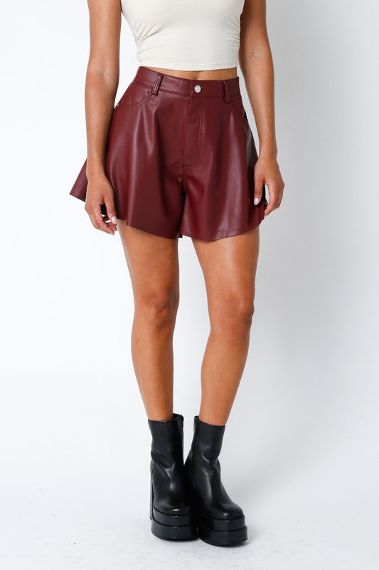 Burgundy Leather Flare Shorts