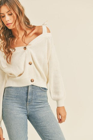 Off The Shoulder Tie Strap Sweater (Cream)