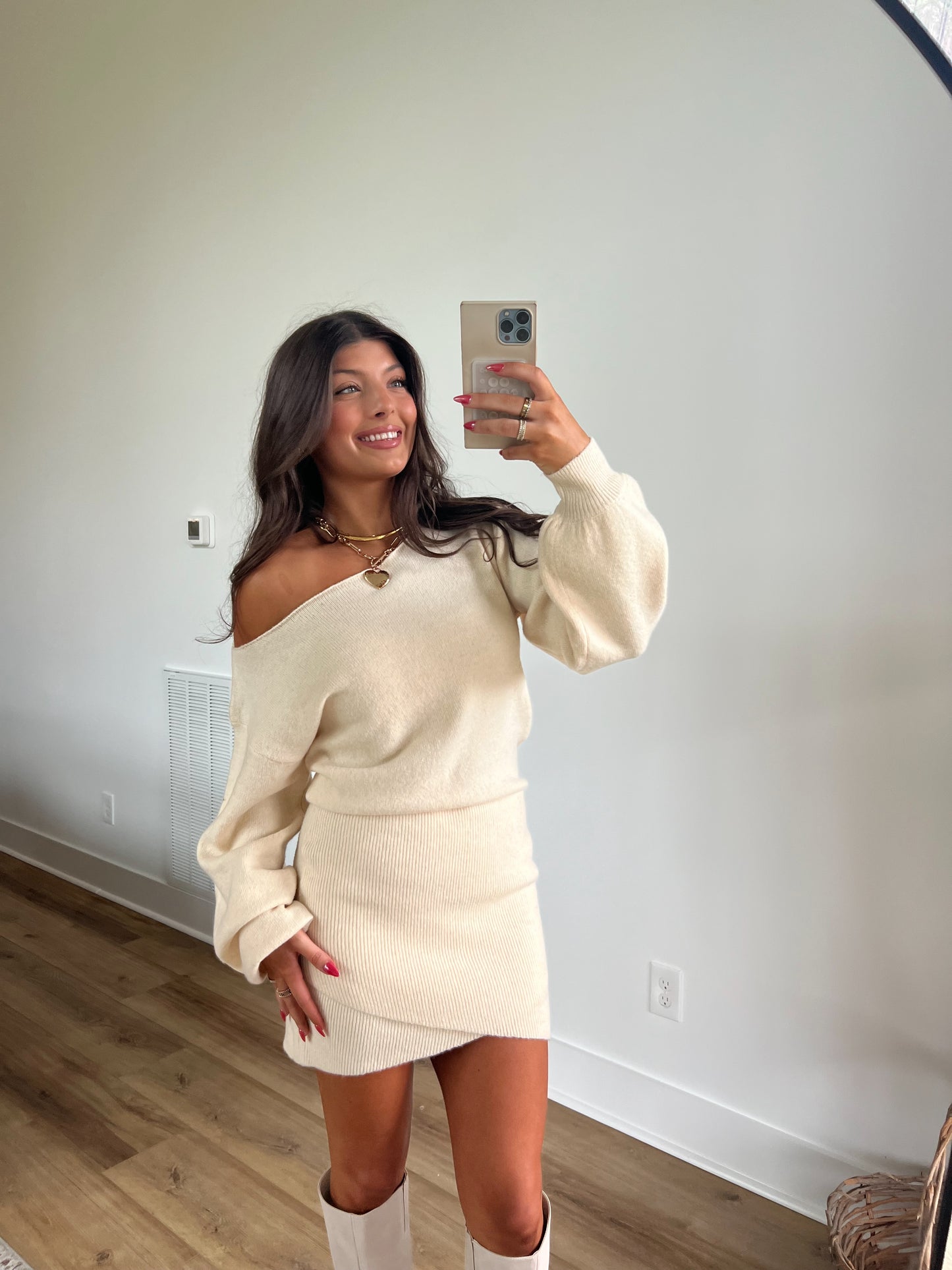 Cream Boat Neck Sweater Dress