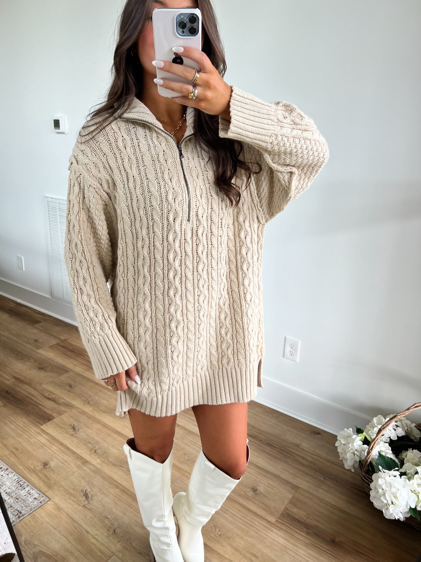 Cream Cable Knit Sweater Dress