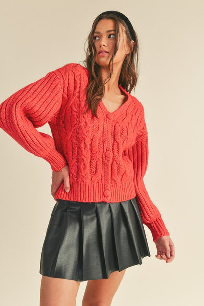 Red Cable Knit Cardigan