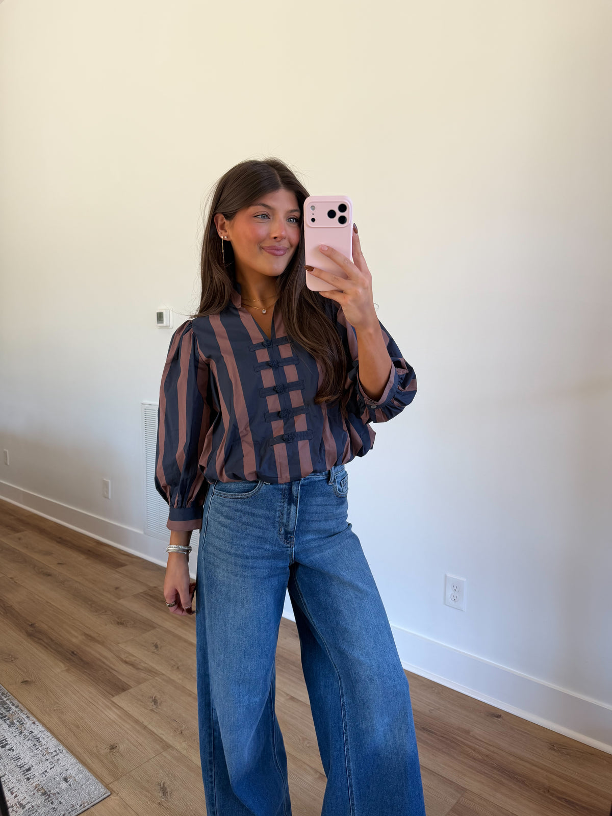 Navy & Brown Stripe Puff Sleeve Blouse