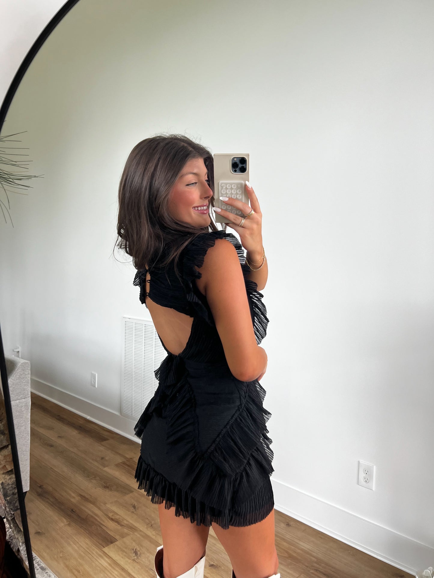 Black Ruffle Back Cut-Out Mini Dress