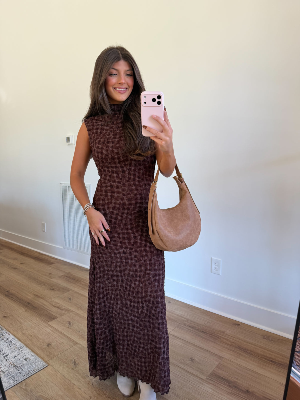 Coffee Gingham Maxi Dress