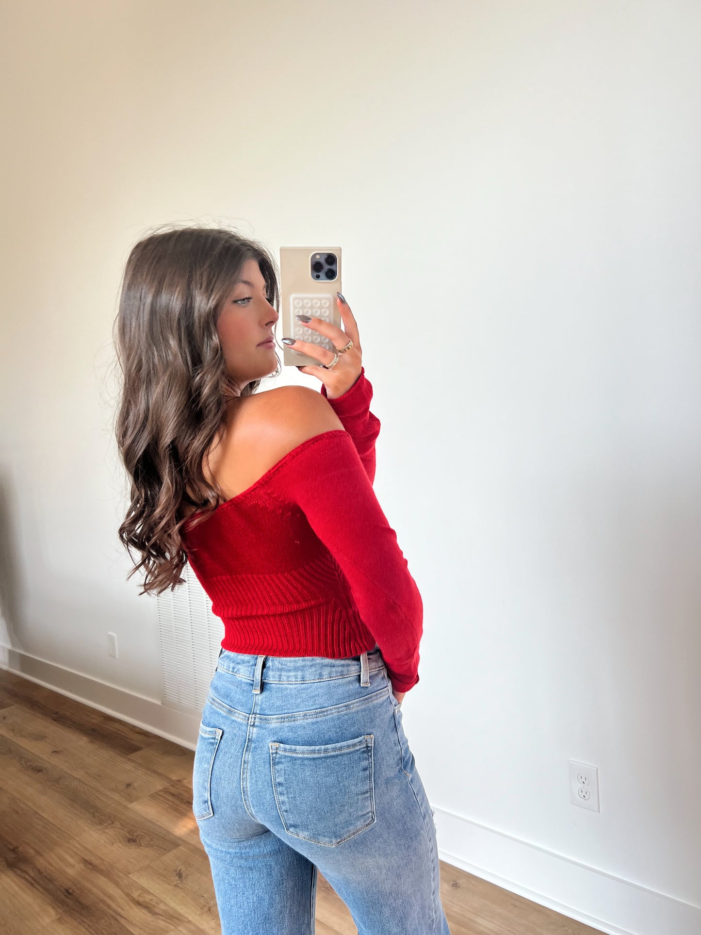 Red Knit Off The Shoulder Top