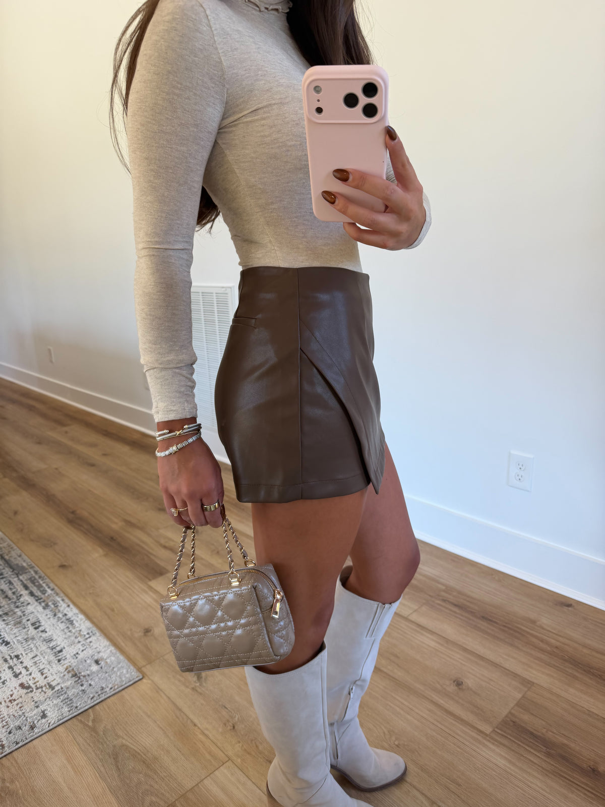 Brown Envelope Leather Skort