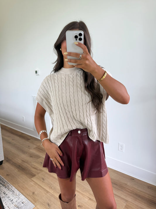 Burgundy Leather Flare Shorts