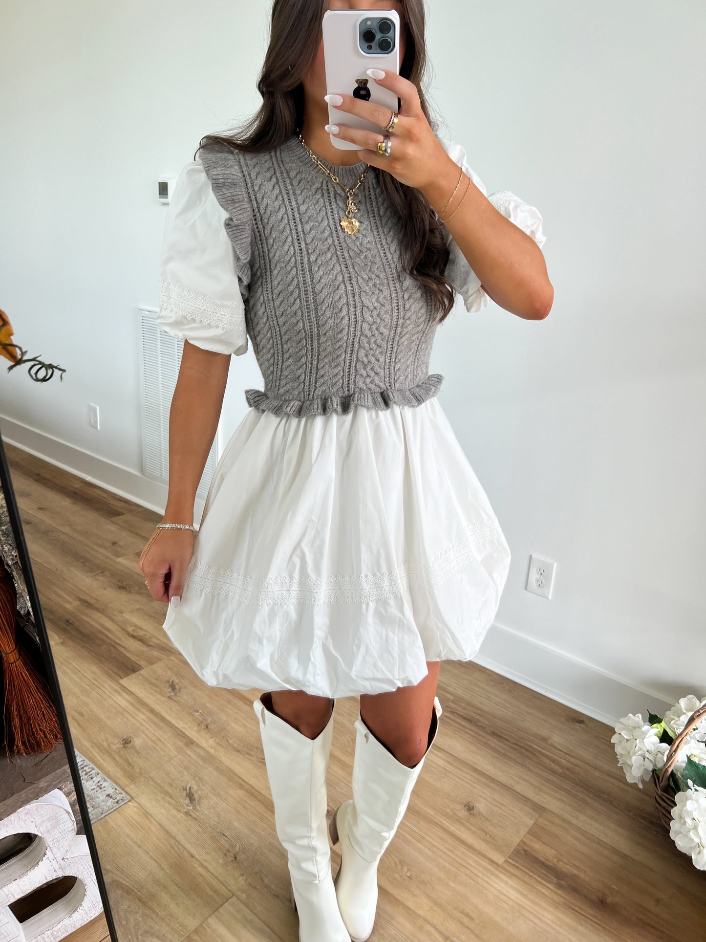 Grey Sweet Poplin Bubble Hem Mini Dress