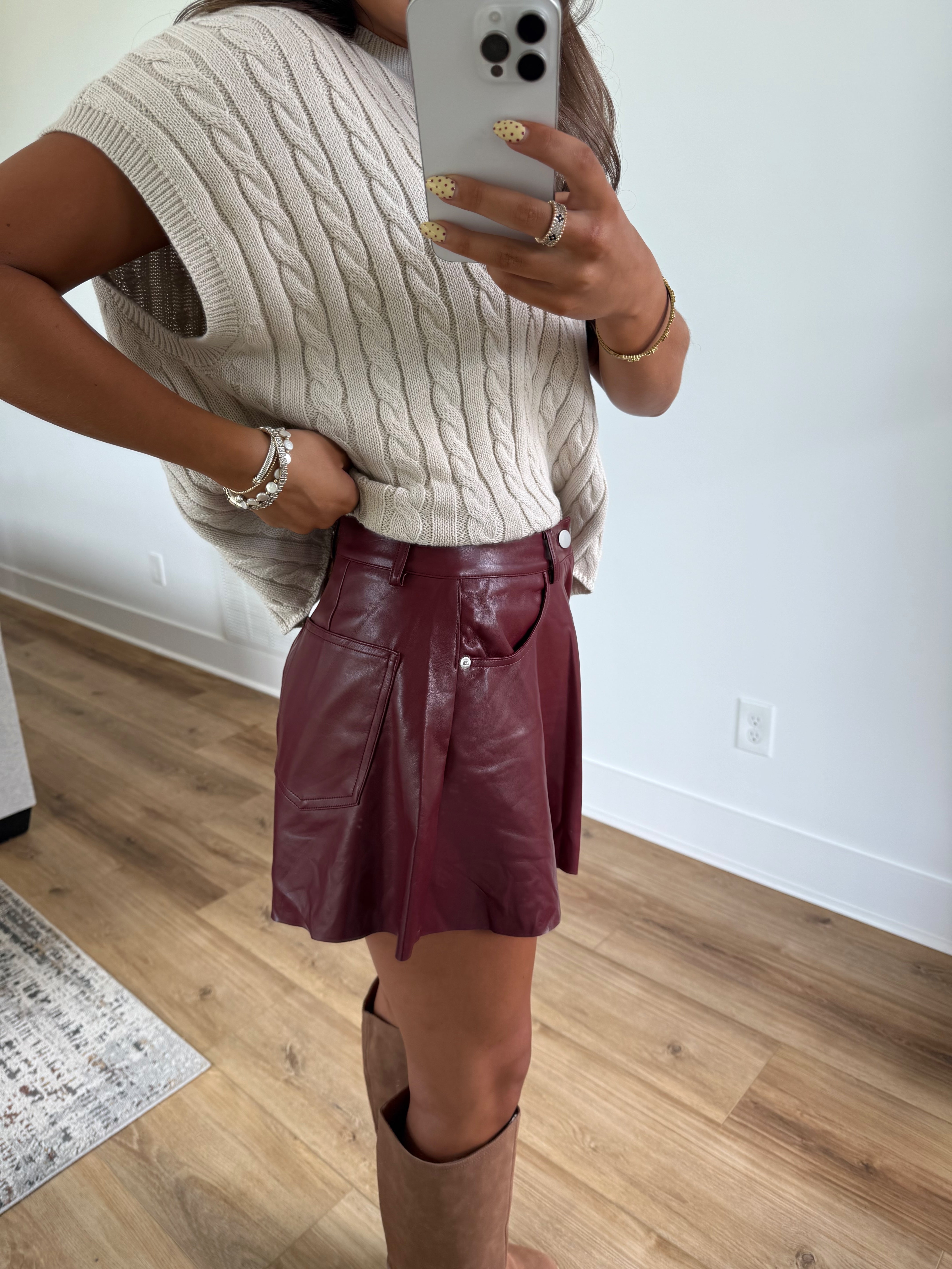 Burgundy Leather Flare Shorts