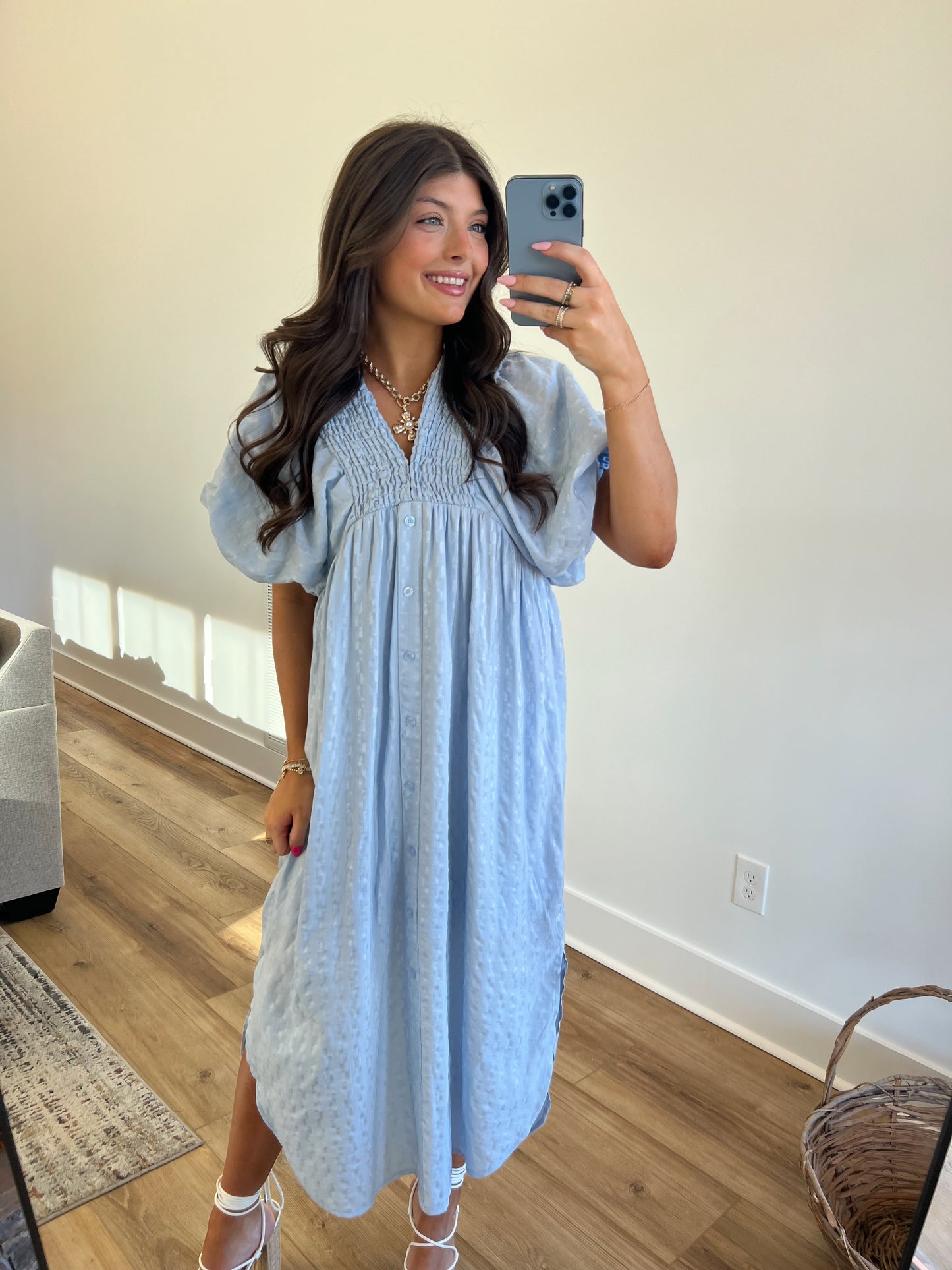 Baby Blue Puff Sleeve Midi Dress