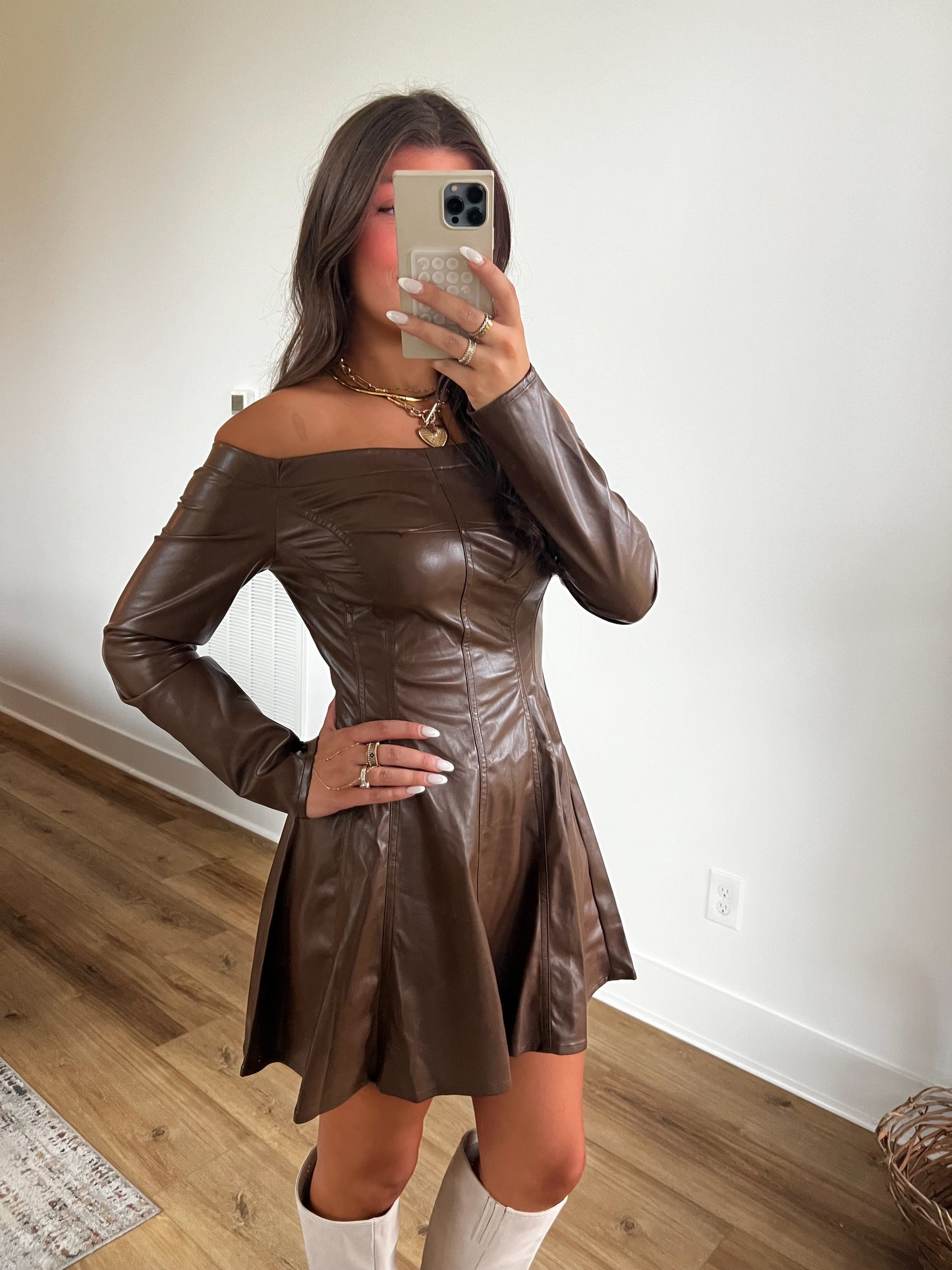 Off The Shoulder Brown Leather Dress