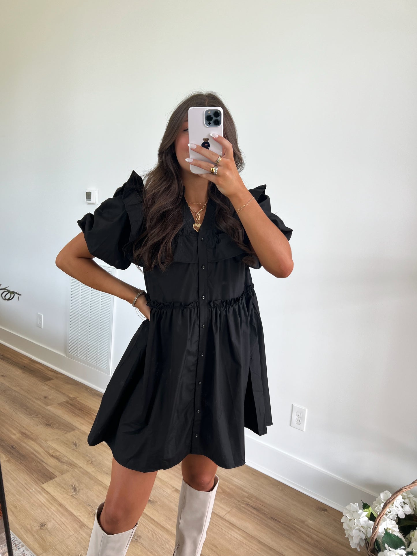 Black Puff Sleeve Mini Dress