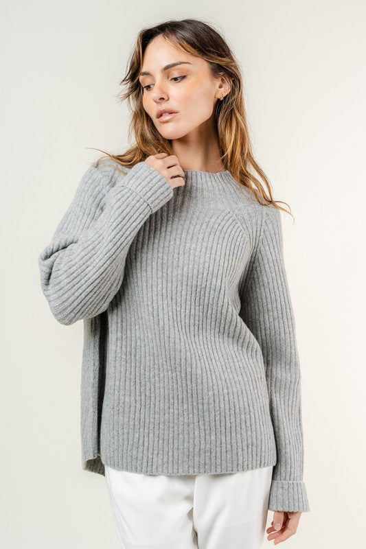 Grey Ribbed Mock Neck Sweater