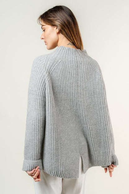 Grey Ribbed Mock Neck Sweater