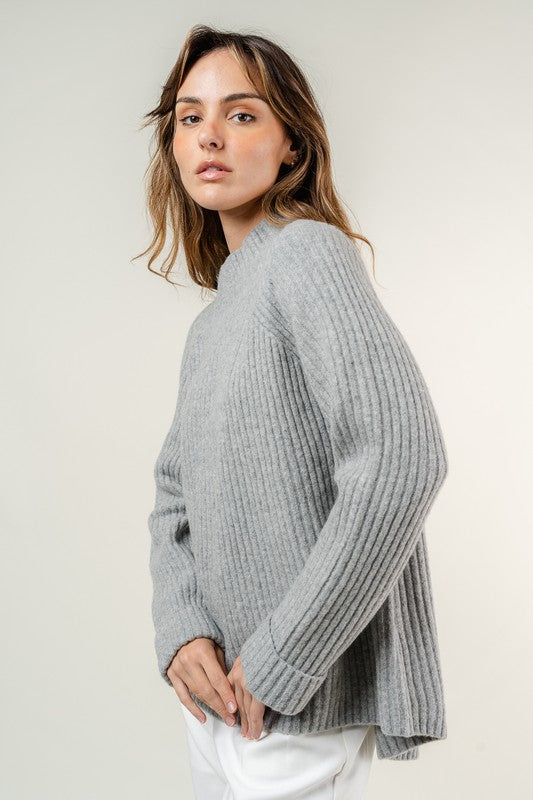 Grey Ribbed Mock Neck Sweater