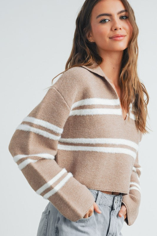 (Taupe/Ivory) Stripe Cropped Sweater