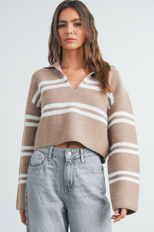 (Taupe/Ivory) Stripe Cropped Sweater