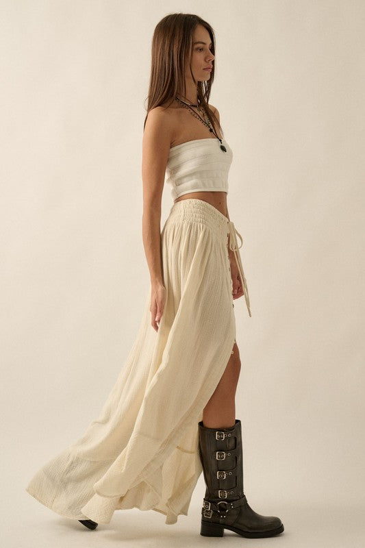 Cream Smocked Front Slit Maxi Skirt