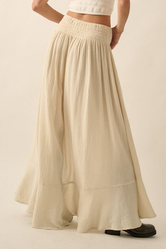 Cream Smocked Front Slit Maxi Skirt