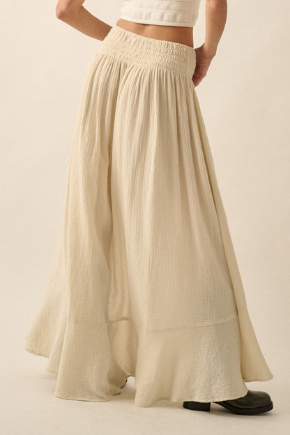 Cream Smocked Front Slit Maxi Skirt