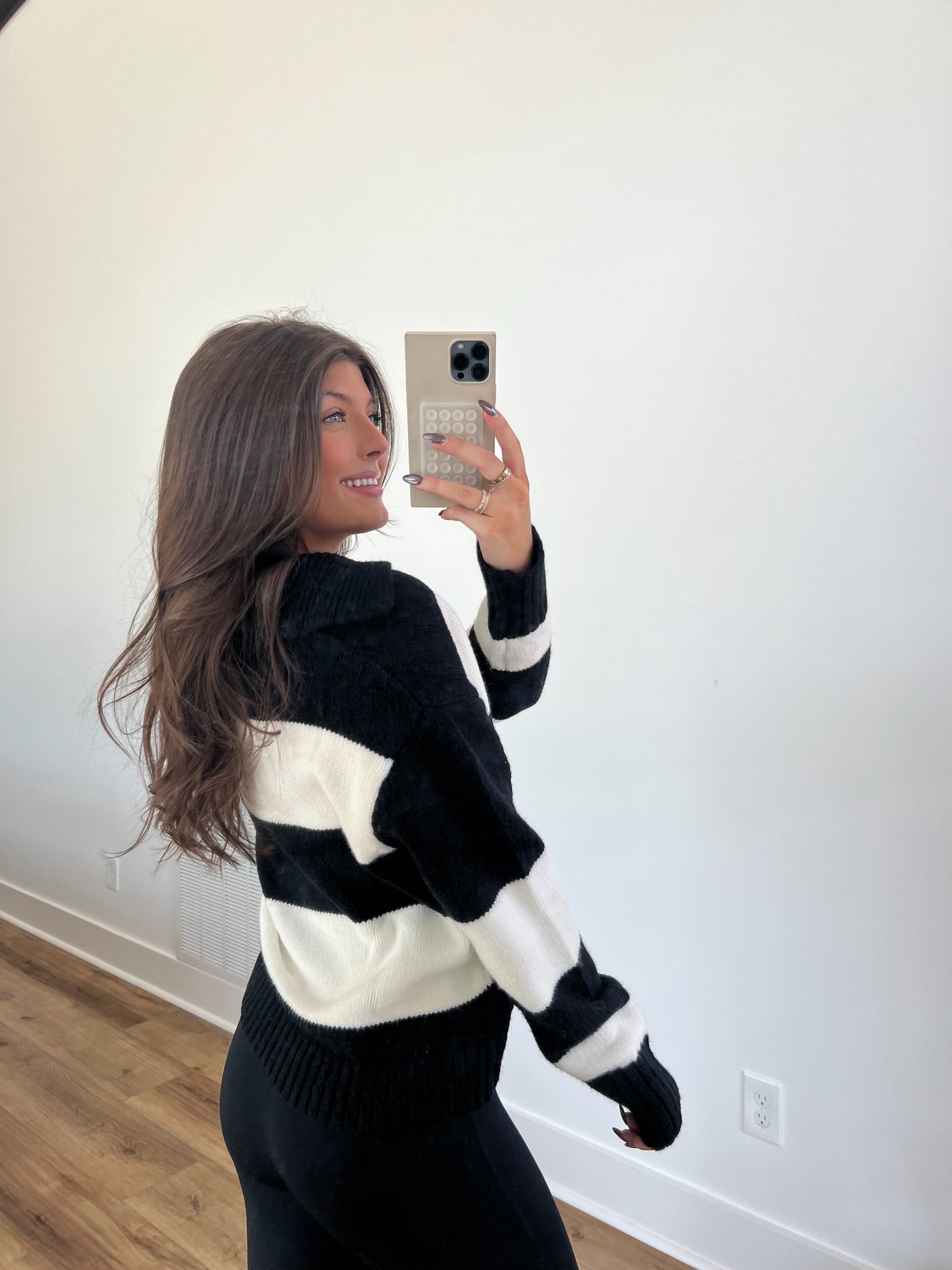 Black/White Stripe Polo Sweater