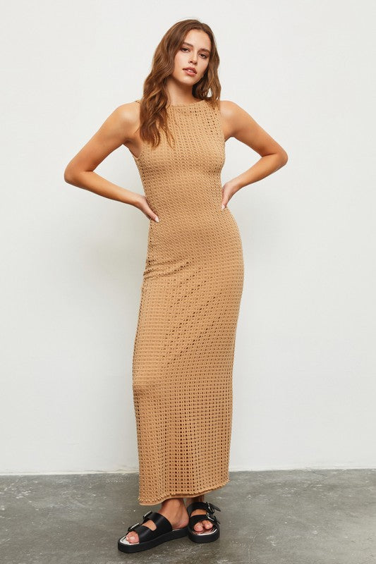 Camel Net Maxi Dress