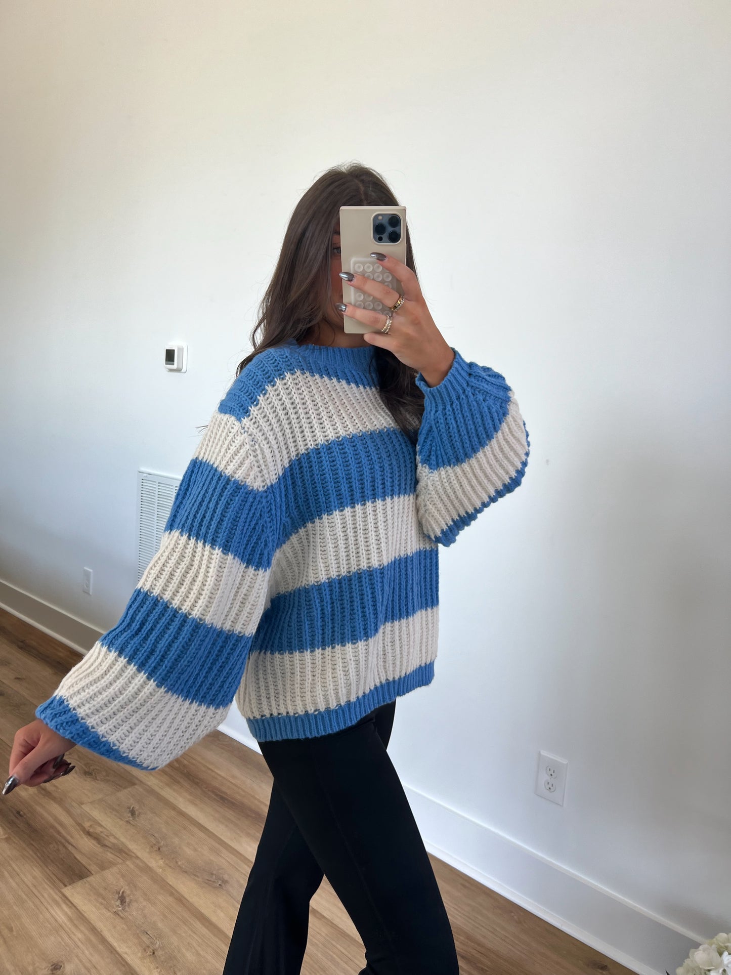 Blue Oversized Fluffy Stripe Sweater